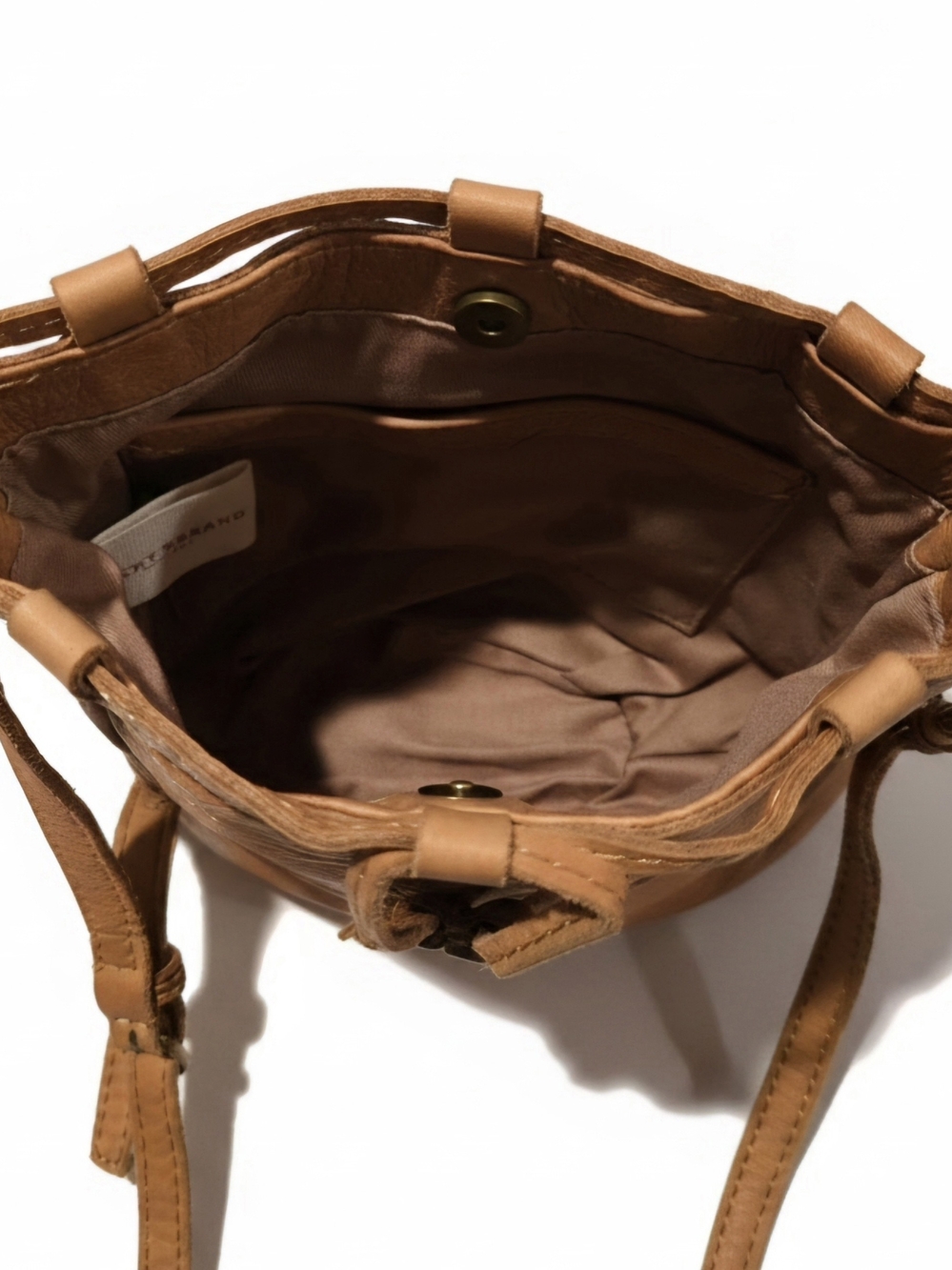 Vintage Lucky Brand Mini Leather Drawstring Bucket Crossbody Bag Tan Boho Y2K. - Picture 6 of 10